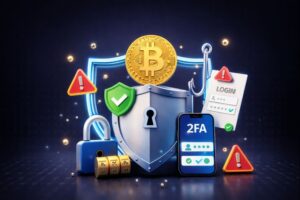 is bitcoin safe showing security shield, lock and two factor authentication